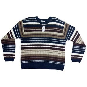 Christopher & Banks Sweater Women's XL Brown Blue Knit Striped Crew Neck Thermal